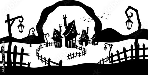Принти на полотні Whimsical hand drawn illustration of a spooky village scene featuring a distinct