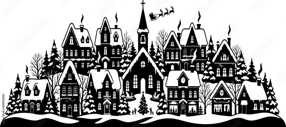 Naklejka premium Snowy Christmas Village with Houses and Winter Landscape