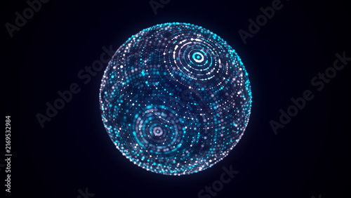 Abstract blue sphere with connecting dots and lines. Wireframe technology sphere. Big data visualization. 3d rendering.