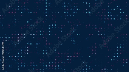 Abstract digital background featuring glowing blue and pink particle dots arranged in dynamic patterns on a dark navy backdrop. Ideal for technology, data, networking, presentations, 