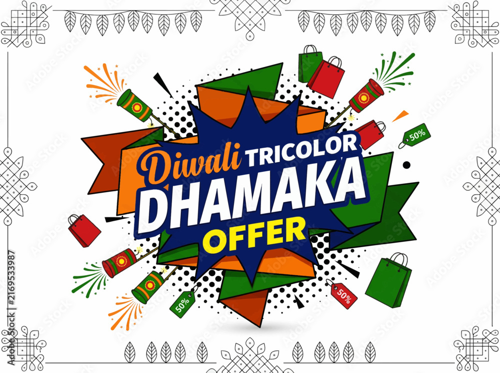 Obraz premium Colorful sale explosion with shopping bags with firecrackers tricolor colors deals _ Happy Diwali , India Diwali Utsav