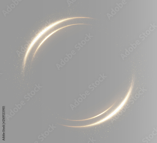 Radiant gold circular ring with smooth glowing edges and a sweeping light trail, isolated luminous effect for elegant overlay design