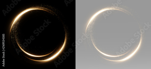 Elegant gold light ring formed by glowing curved streaks, smooth circular frame isolated for luxury overlay and magical effects