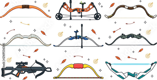Foto Archery bow vector set featuring traditional longbow modern compound bow futuris