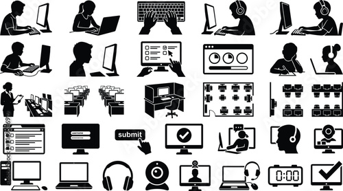 Computer Users and Digital Technology Black Silhouette Icon Set