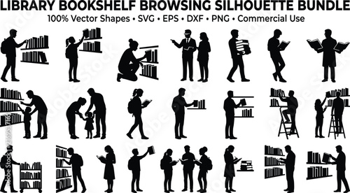 Library Bookshelf Browsing Silhouette Bundle – Reading and Book Selection Vector Collection
