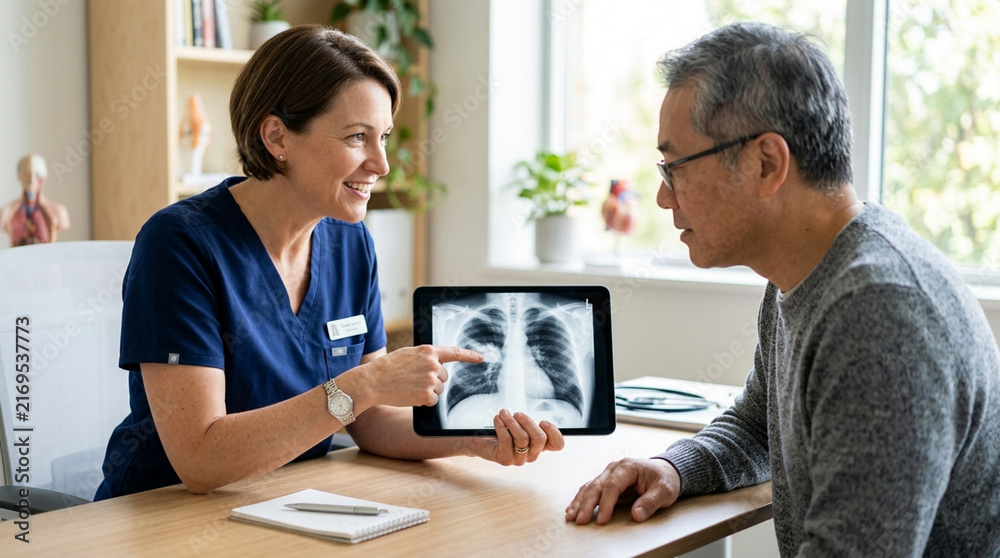 Fototapeta premium Doctor showing lung x-ray on tablet to patient in medical office