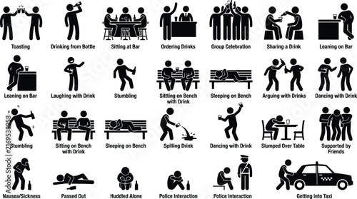фотографія Stick figure icons portraying alcohol drinking behavior stages from toast celebr