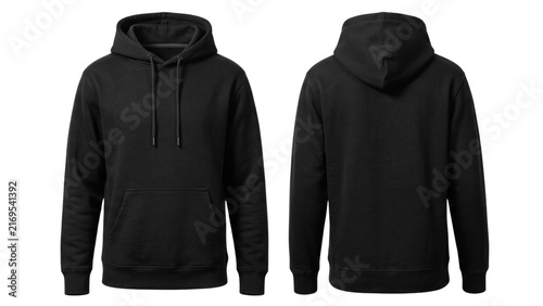 Obraz na płótnie Plain black hoodie front and back view with drawstring and kangaroo pocket isola