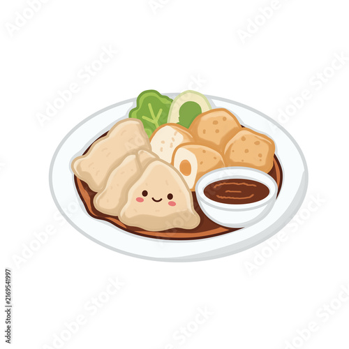 Cute Traditional Indonesian Pempek Fish Cake with Cuko Sauce and Cucumber. suitable for Indonesian cuisine, Asian food, restaurant menus, culinary content, and food packaging