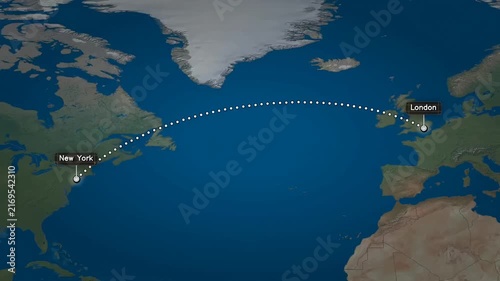 World Map Animation Showing Flight Route Transition From New York To London With Airplane Marker Pin And City Location Label On Terrain Background For Geography Travel Tourism Vacation Journey