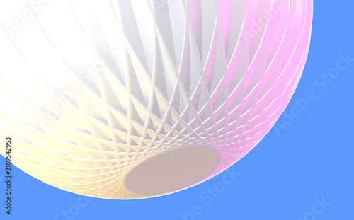 Abstract 3D rendered geometric spherical structure with pastel pink and yellow gradient on blue background