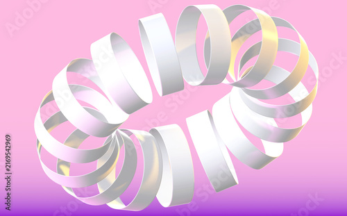 Abstract 3D render of floating white geometric rings forming a torus shape on a pastel pink and purple gradient background