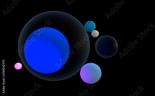 Photography Abstract 3D render of colorful glowing spheres and transparent orbs on a black b