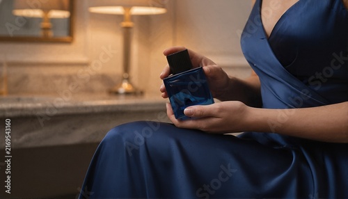 Two-hand framing of a navy glass fragrance bottle in a luxury dressing room