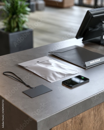 Blank event badge with lanyard and privacy-safe envelope on registration counter