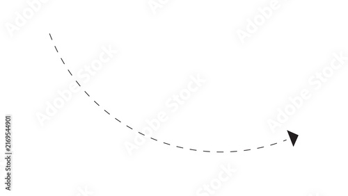 Dashed curved arrow pointing right and down on white background with direction pointer graphic element vector icon design asset line art arrow symbol direction navigation indicator