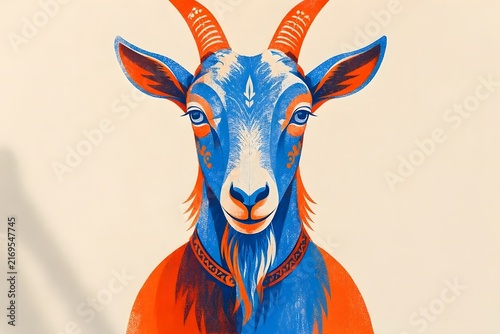 Flat vector style colorful goat portrait with blue fur and orange horns.