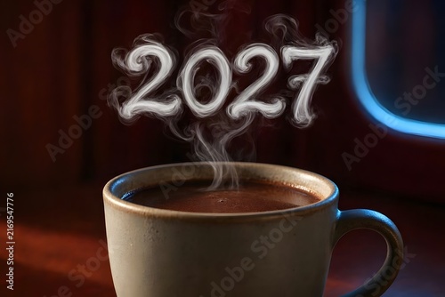 Cozy style coffee cup with hot steam forming year 2027 numbers.