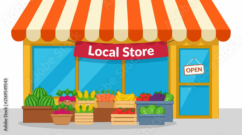 Fotografía Illustration of a Local Storefront with Fresh Fruits and Vegetables for Sale