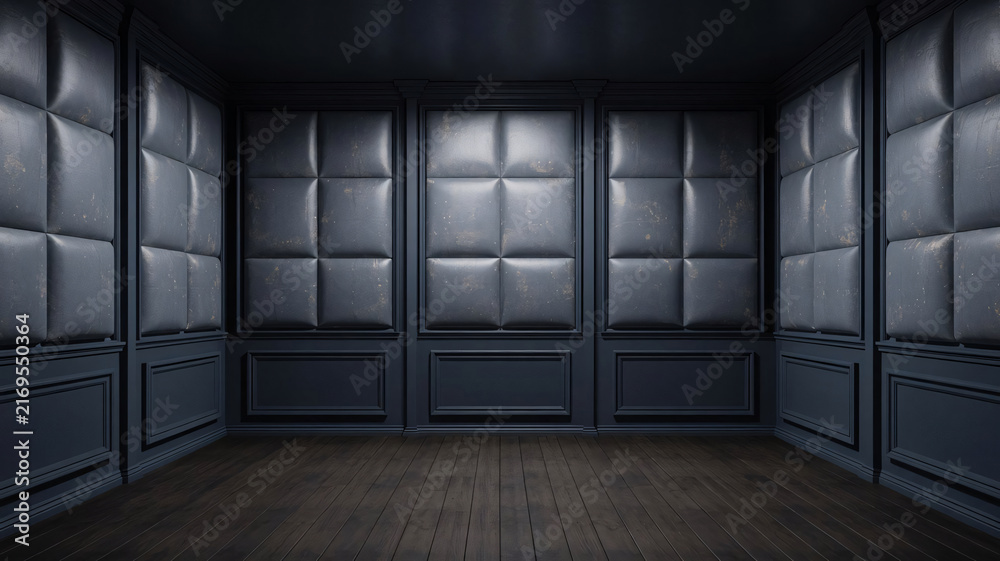 Naklejka premium Luxury interior space with dark blue quilted wall panels and wood floors