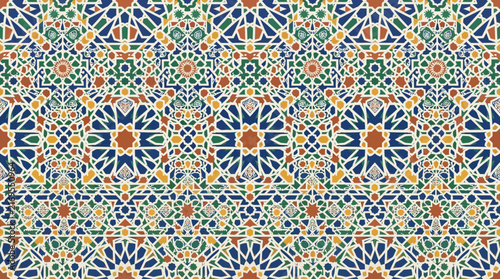 Moroccan zellige tile pattern with intricate geometric designs and vibrant color combinations