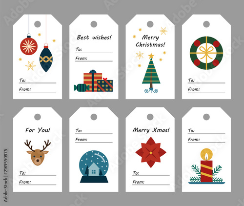 Set of christmas gift tags with flat cute illustrations and spaces for names