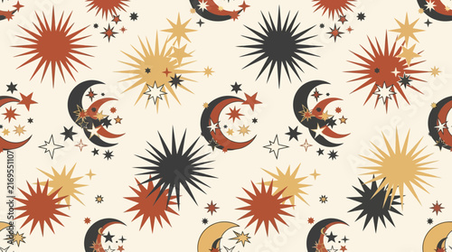 Stars repeating pattern with crescent moons and scattered stars, a celestial design