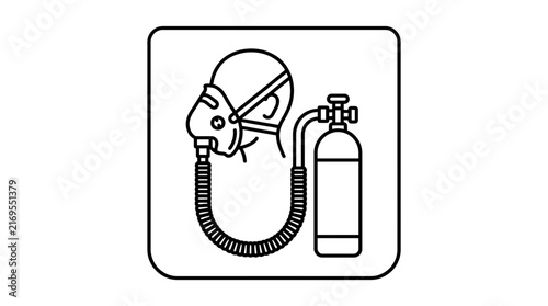 Line art illustration of a person wearing a medical oxygen mask with gas tank