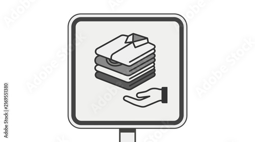 Clothing donation sign icon with stack of folded shirts and hand