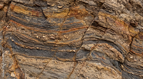 Geological strata cross section with layered sedimentary rock and natural texture in earthy tones