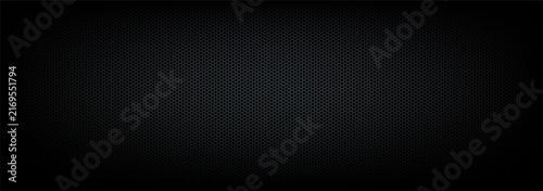 Dark perforated metal texture background vector mesh with vignette shadow and circular hole speaker grill pattern for modern audio technology UI design screen