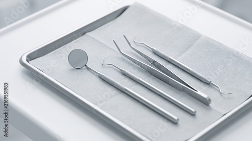 Dental instruments arranged on a tray in a medical clinic