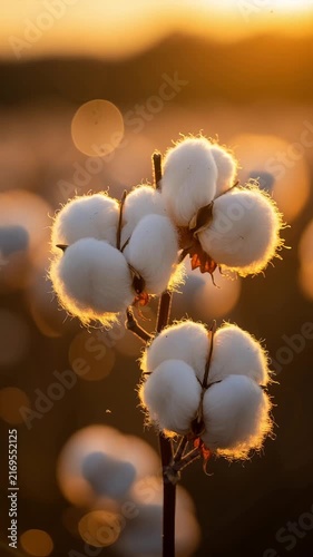 video of mature cotton bolls on a stem glowing in the radiant orange light of a setting sun, focusing on the intricate soft textures and fibrous detail of the white cotton flowers