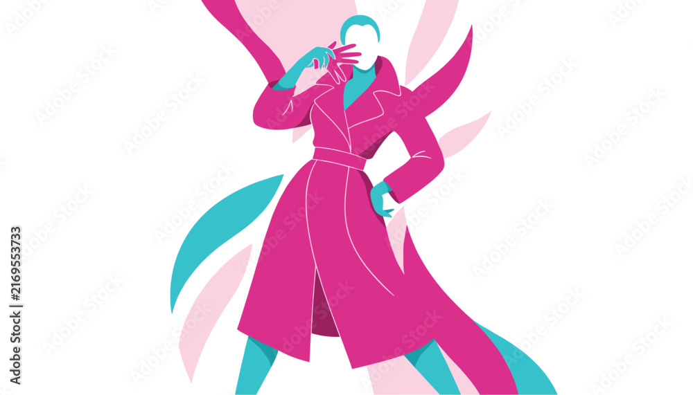 Fototapeta premium Stylish fashion model wearing a vibrant magenta coat in an elegant pose against a clean white minimalist background.