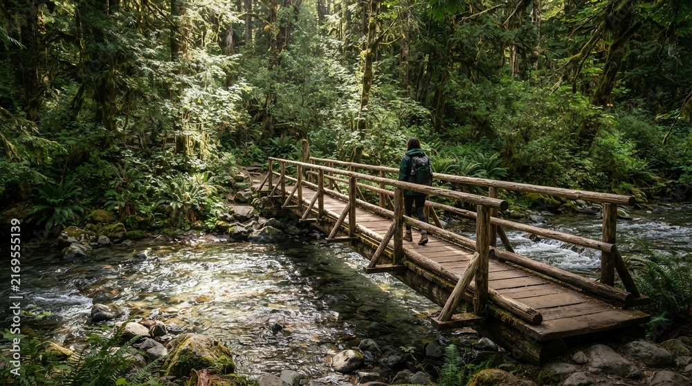Fototapeta premium Person walking across wooden bridge in lush green forest with stream.