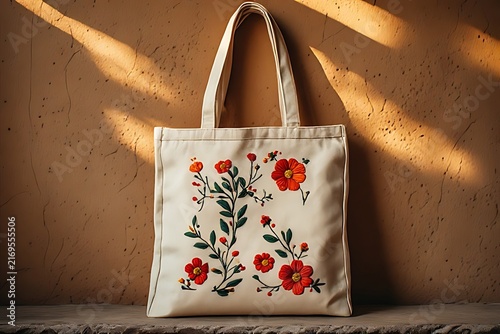 IA generated Peruvian embroidered tote bag mockup on adobe. Ethical fashion branding template with golden hour warm light.
