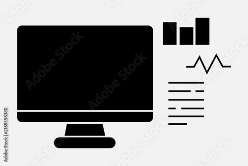 This image is a high-contrast, black-and-white vector graphic featuring a desktop computer monitor alongside data analytics elements.