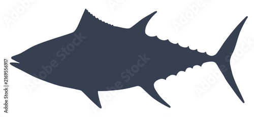 Tuna Fish, seafood, sketch. Dark silhouette oceanic marine tuna fish, clean sharp outlines graphic tuna fish, object symbol element shape style design template. Vector Illustration