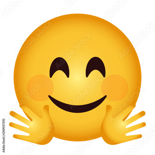 Hugging face emoji with smiling eyes, rosy blushing cheeks, and open hands offering a hug, yellow round emoticon expressing warmth, affection, a virtual hug, care, or appreciation. vector emojis