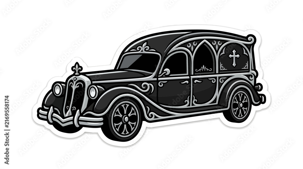 Naklejka premium Ornate Vintage Funeral Hearse Vector Illustration with Gothic Filigree Details
