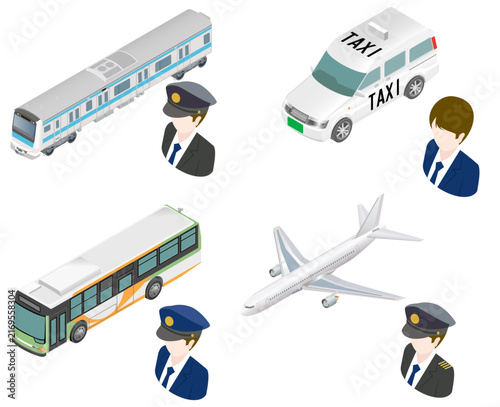 Isometric public transportation and drivers vector illustration set