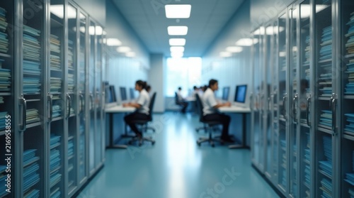 Un departamento de registros hospitalarios en proceso de transición de los expedientes físicos de pacientes a un sistema moderno de gestión documental digital