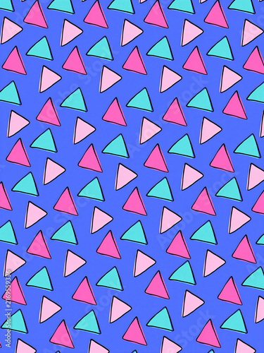 Vibrant blue background with repeating pink and turquoise triangles creates an energetic retro geometric pattern ideal for textiles, fashion, packaging, wallpapers and modern digital graphics.