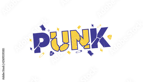 Stylized word punk displayed in a fragmented shattered font with floating decorative elements like safety pins.