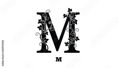 Elegant letter M embellished with intricate black ivy vines and curling foliage designs on a clean background.