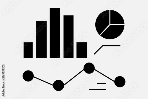 This image is a high-contrast, black-and-white vector graphic presenting a collection of standalone data visualization elements