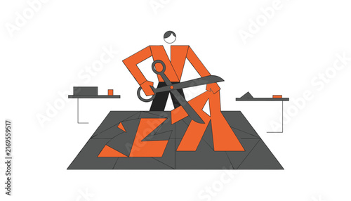 Stylized figure using large scissors to cut geometric shapes from a dark mat on a clean surface in an office setting.