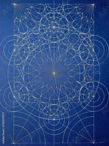 Intricate golden sacred geometry forms an elegant symmetrical pattern on a deep blue background, ideal for meditation, spirituality, wellness, luxury design, mystical art and decorative projects.