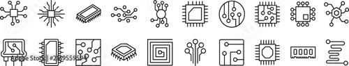 Foto A collection of vector line icons representing computer processors, microchips, and electronic circuit components